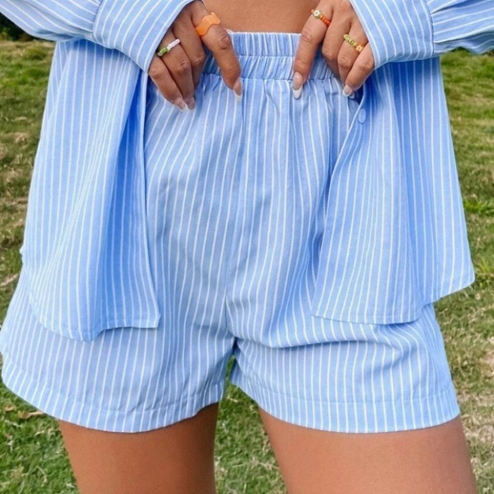 BLUE STRIPED BLOUSE AND SHORTS SET SUMMER STREETWEAR - Picture 5 of 8